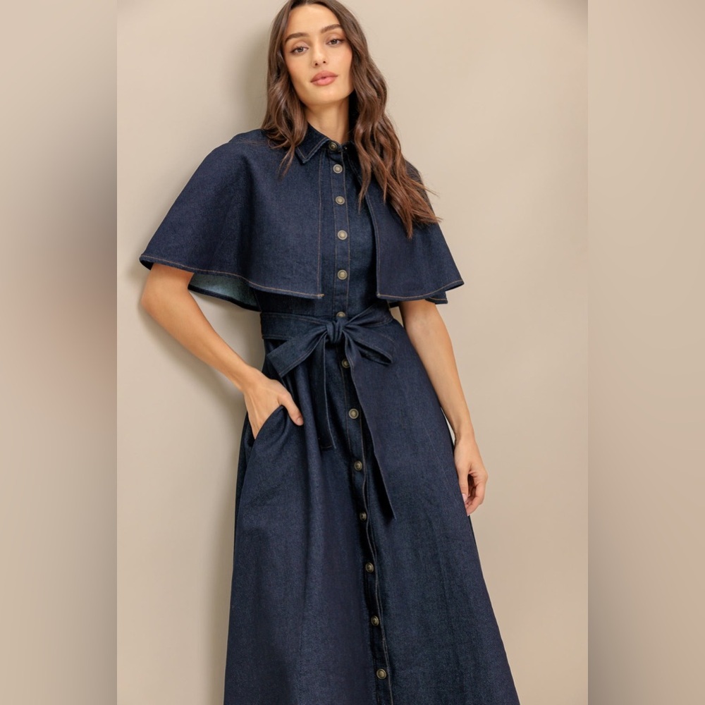 Stylish Navy Button-Up Cape Dress - Picture 8 of 10